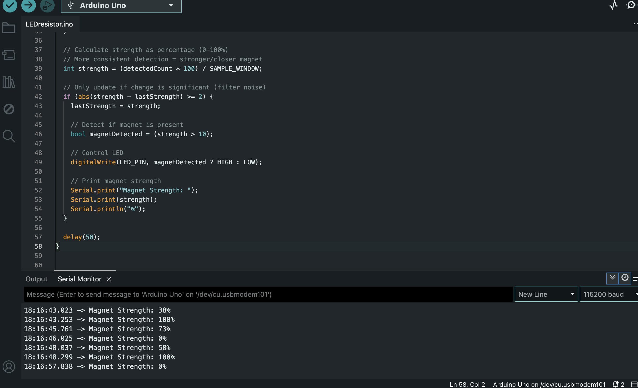 Arduino digital‑pin trial: binary output unstable/noisy, confirming digital mode is not reliable for this sensor